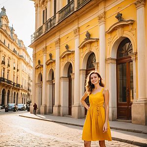 Young Woman in Yellow Dress on Historic European Street