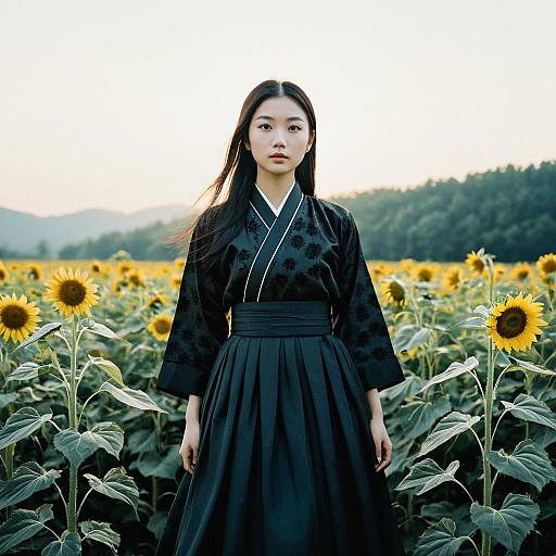 Young Woman in Traditional Black Kimono Standing in Sunflower Field