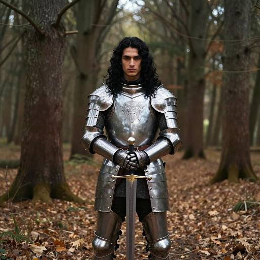 Young Knight in Shining Medieval Armor Holding Sword in Forest