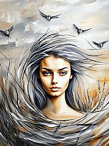 Striking Woman with Silver Hair and Abstract Elements