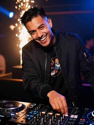 Smiling Young DJ Mixing Music at Nightclub with Colorful Lights
