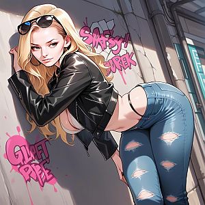 Stylish Blonde Woman in Leather Jacket and Ripped Jeans with Urban Graffiti