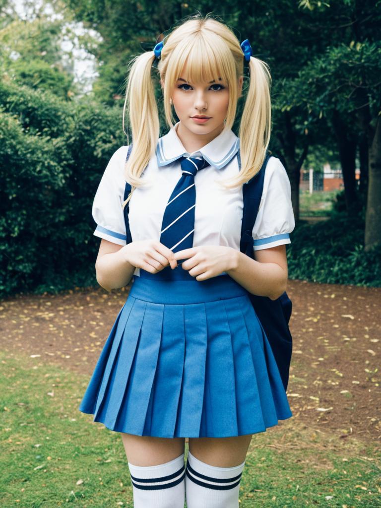 Alice Cartelet Realistic Cosplay in Blue School Uniform Outdoors