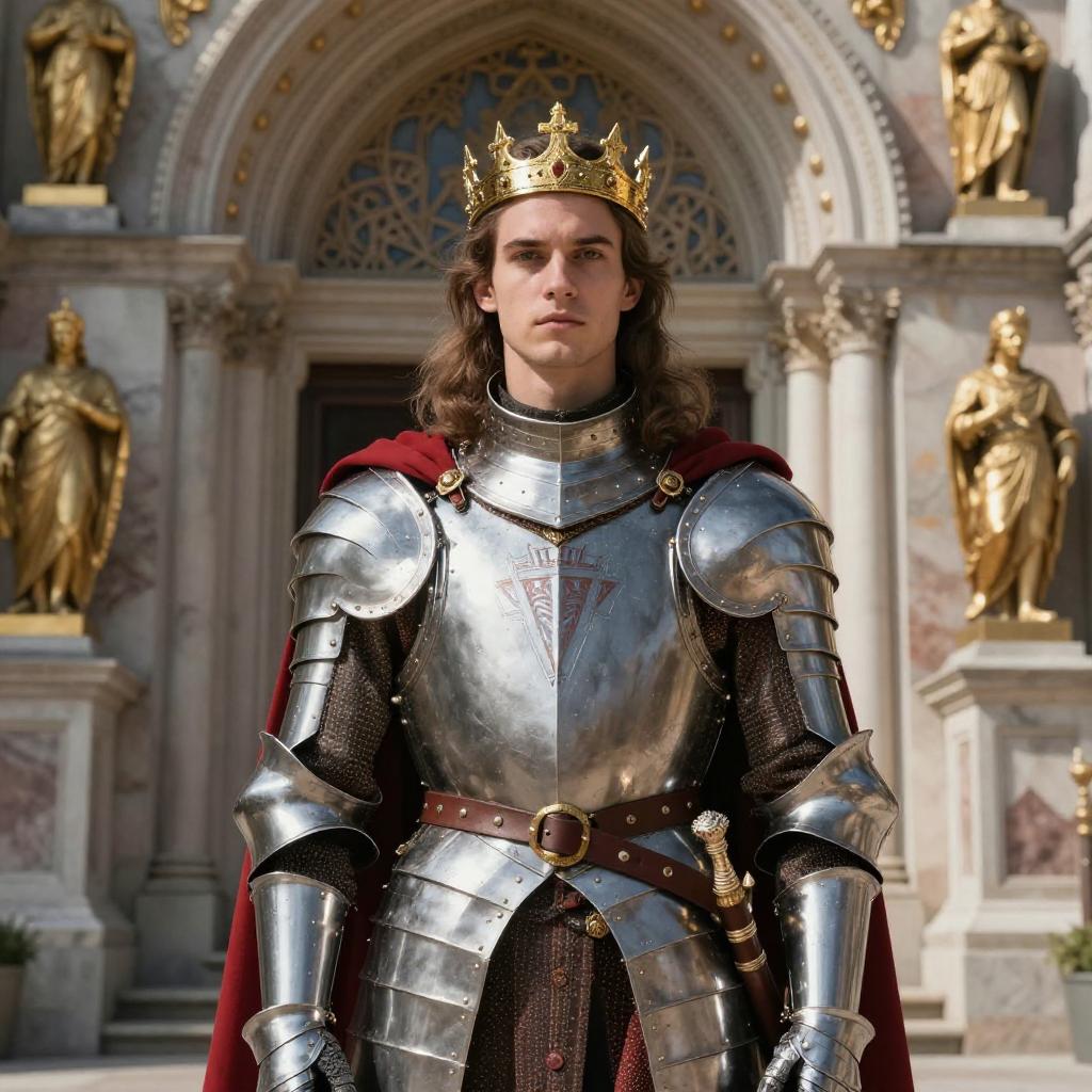 Medieval King in Shining Armor with Crown in Front of Ornate Castle