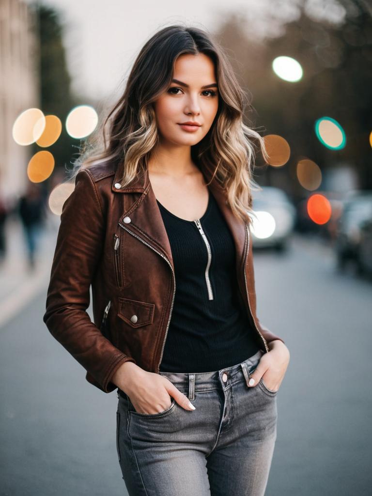 Woman in Casual Brown Leather Jacket with Zipped Front and Pockets on Urban Street
