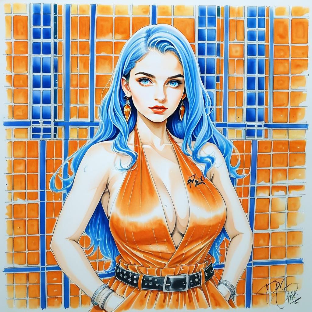 Woman with Blue Hair in Orange Dress
