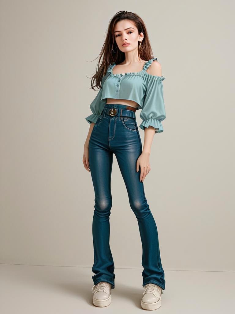 Modern Casual Fashion Woman in Denim Jeans and Cropped Top Full Body