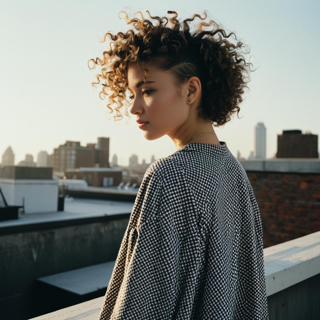 Curly Haired Woman on Urban Rooftop at Sunset