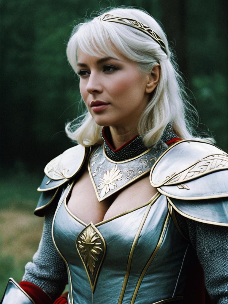 Woman in Excalibur Medieval Armor Costume with Ornate Gold and Silver Details