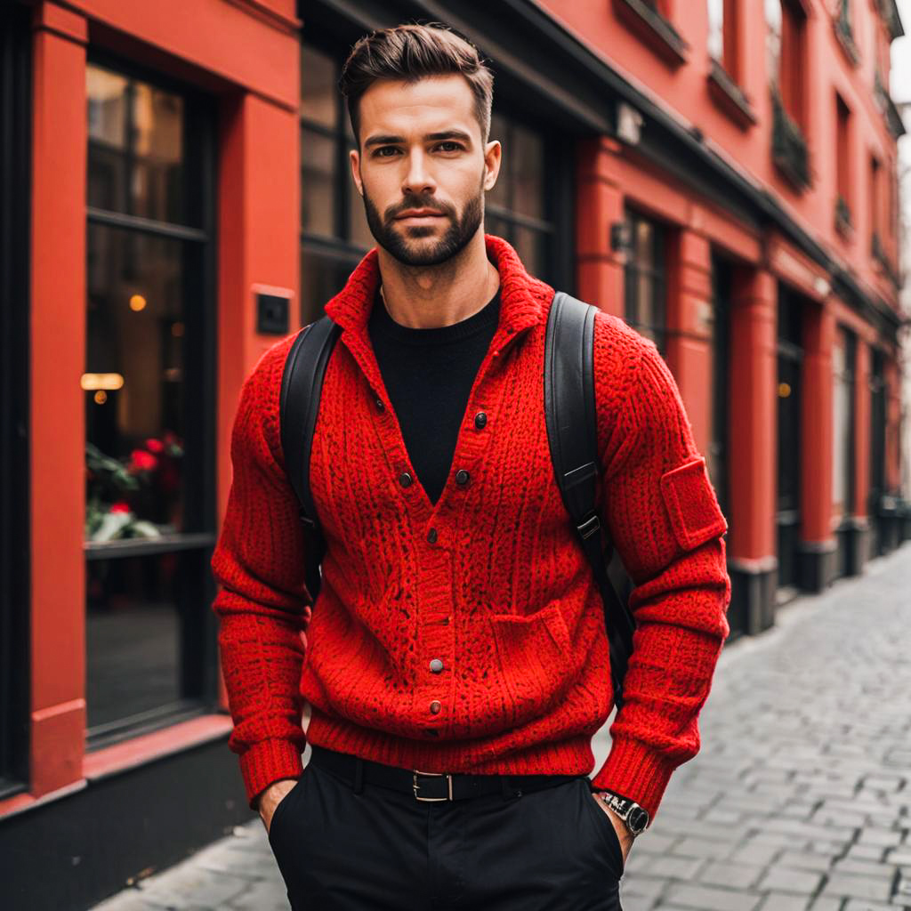 Stylish Man in Red Sweater in Urban Setting