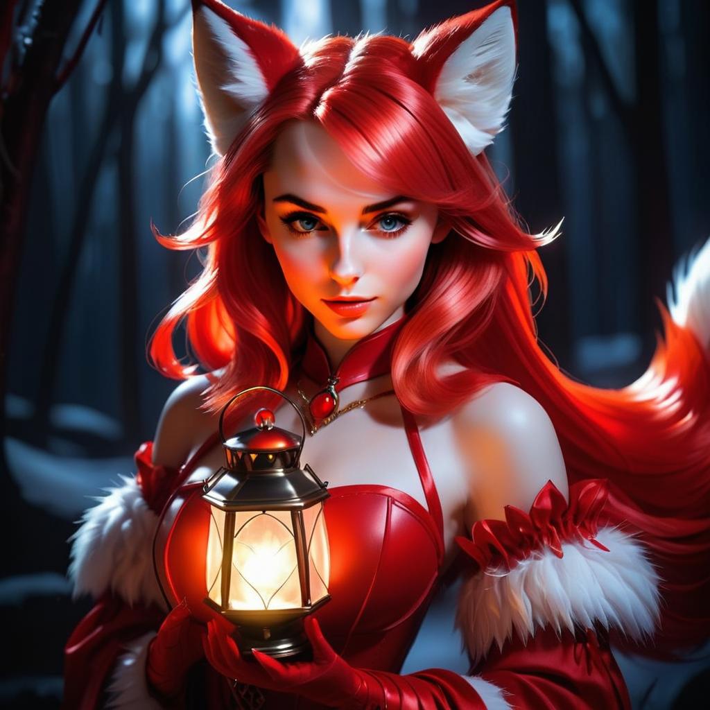 Fantasy Woman with Fox Ears Holding Lantern in Mystical Forest