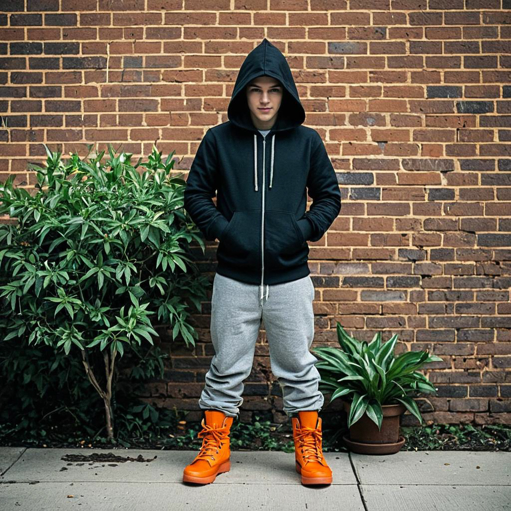 Young man in streetwear against brick wall Young man in streetwear against brick wall