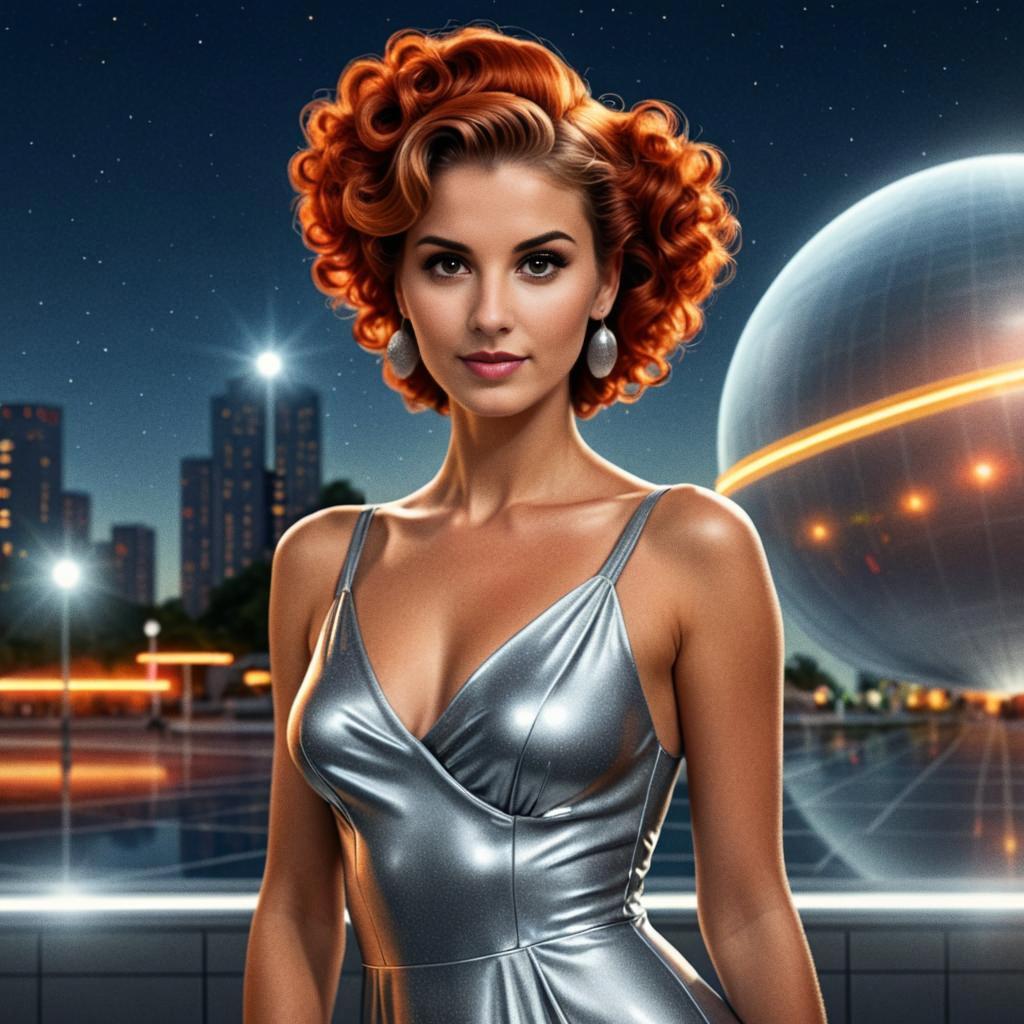 Confident Woman in Silver Dress with Futuristic City