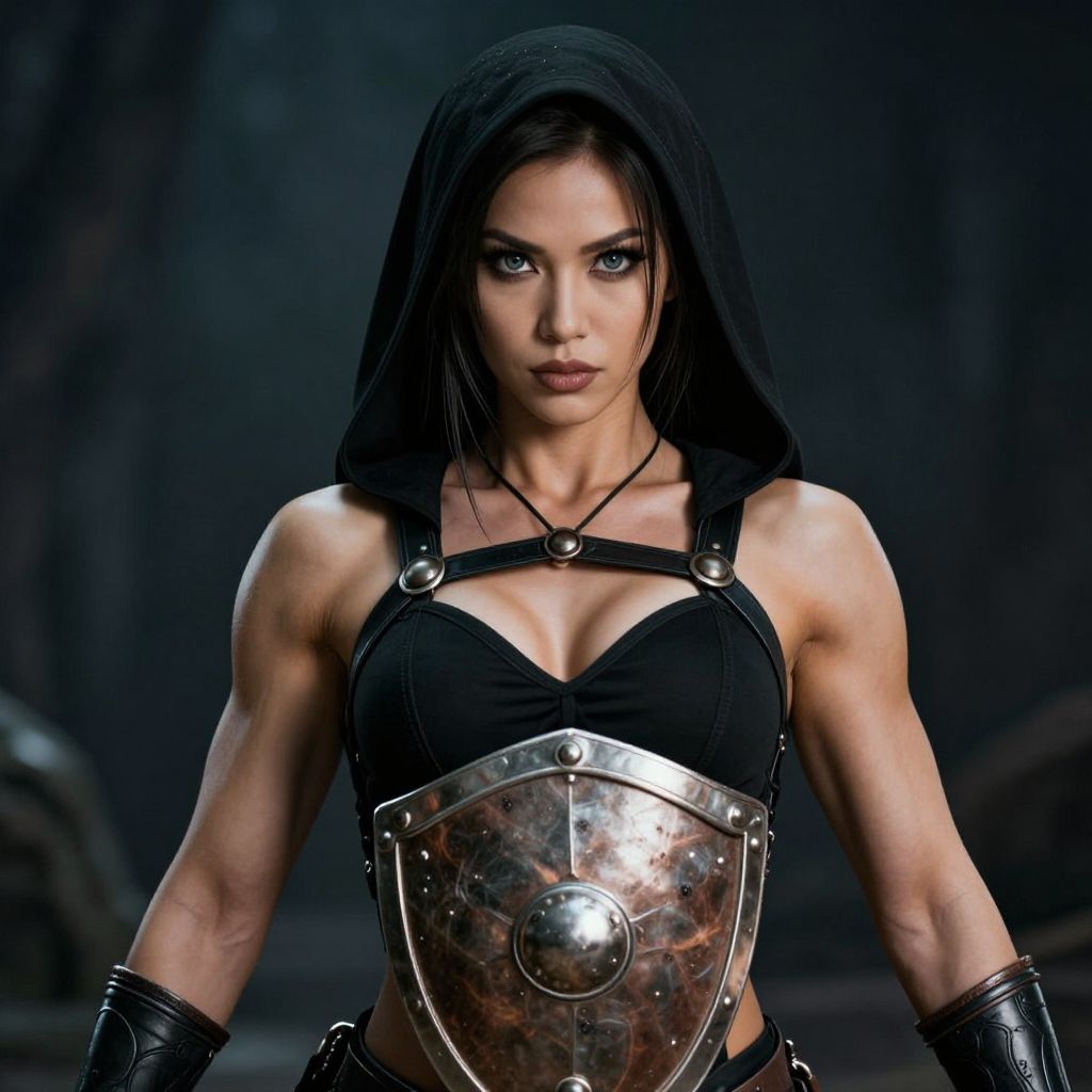 Fantasy Warrior Woman in Black Hood with Medieval Shield