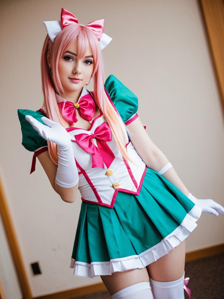 Haruno Haruka Cosplay Woman in Sailor-Style Outfit with Pink Bows
