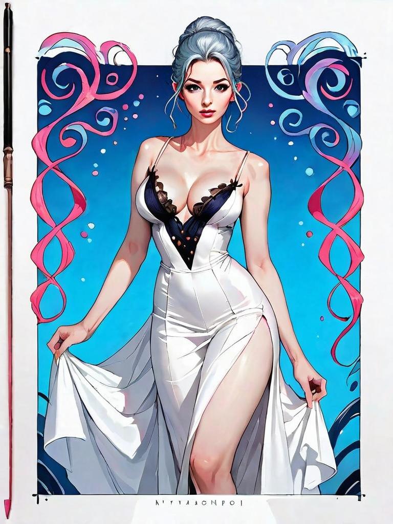 Realistic Comic Style Woman in Elegant White Dress Full Body Illustration