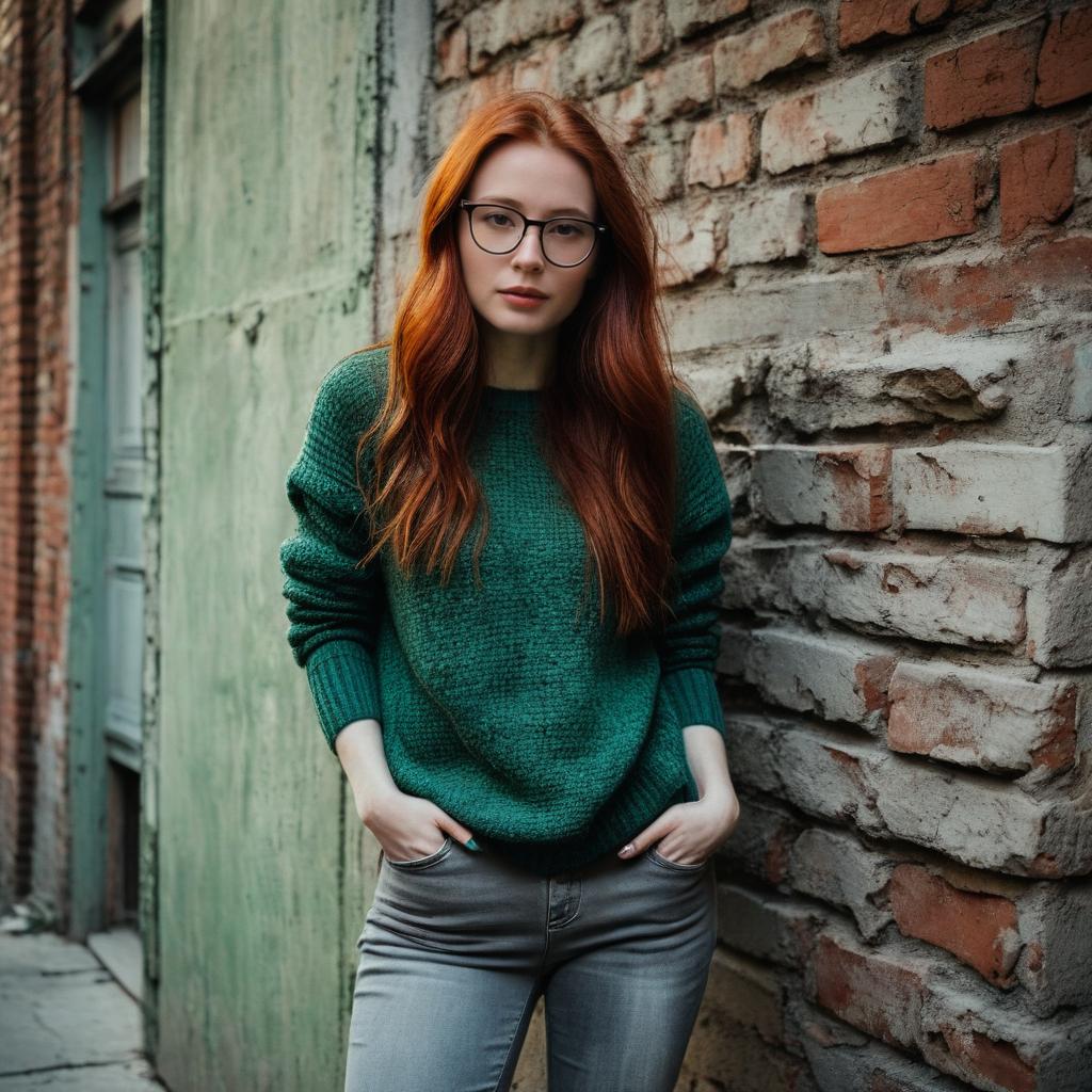 Young Woman with Red Hair in Green Sweater Leaning on Brick Wall
