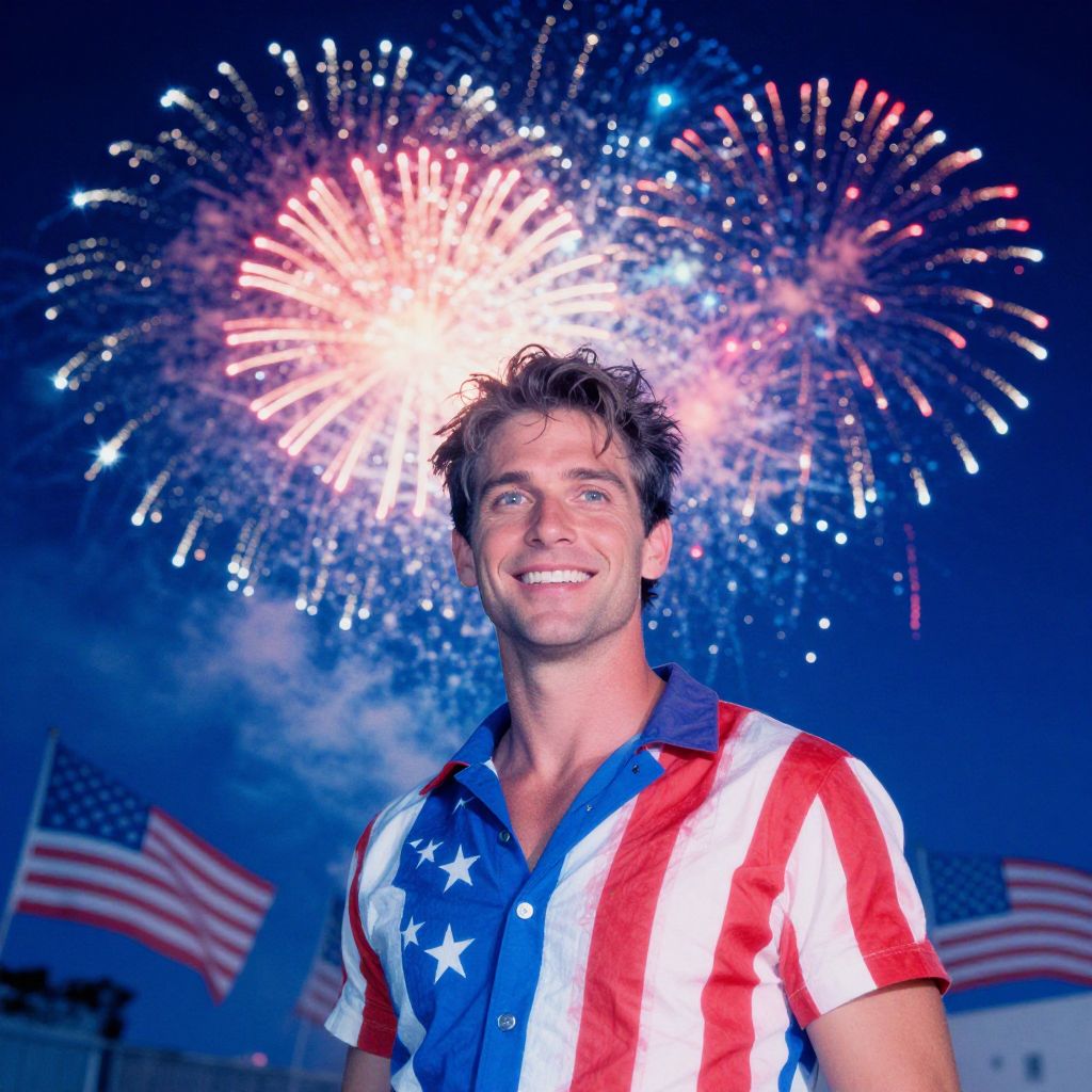 Smiling Man in American Flag Shirt Celebrating with Fireworks