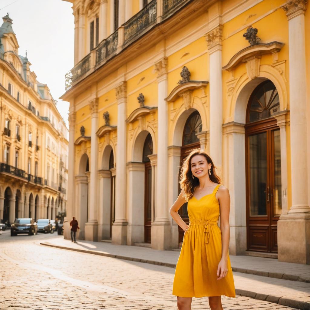 Young Woman in Yellow Dress on Historic European Street