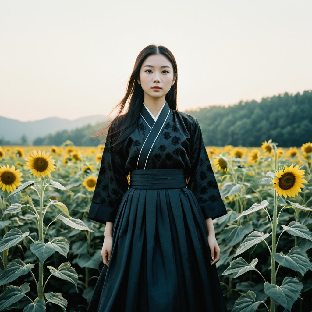 Young Woman in Traditional Black Kimono Standing in Sunflower Field