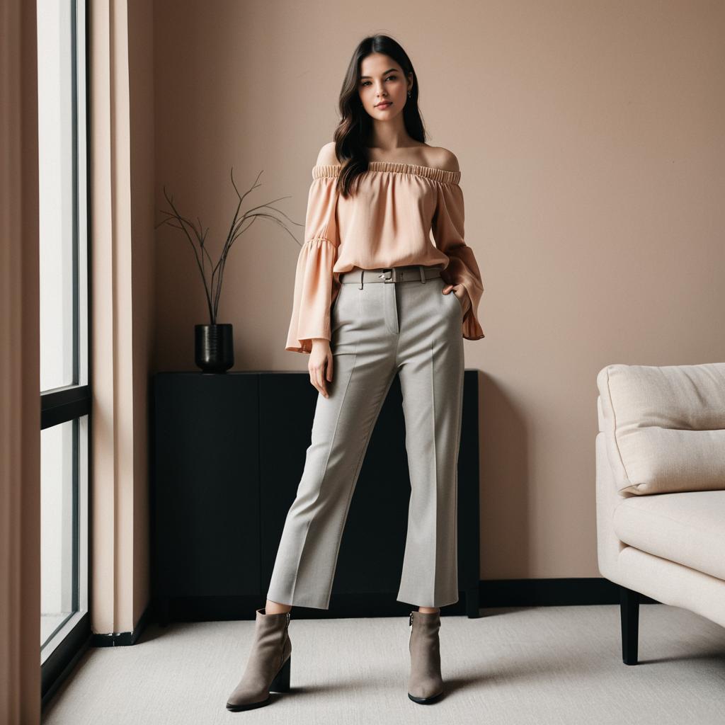 Modern Woman in Chic Off-Shoulder Blouse and Tailored Pants