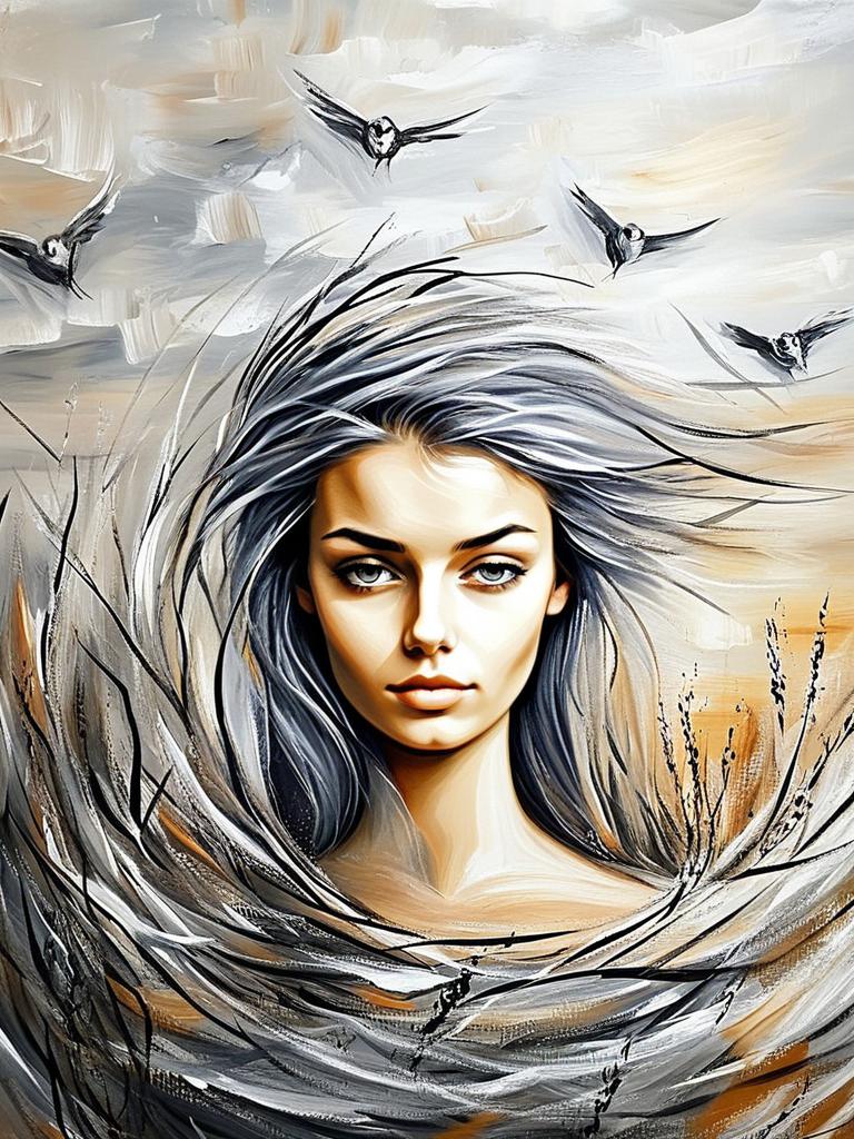 Striking Woman with Silver Hair and Abstract Elements