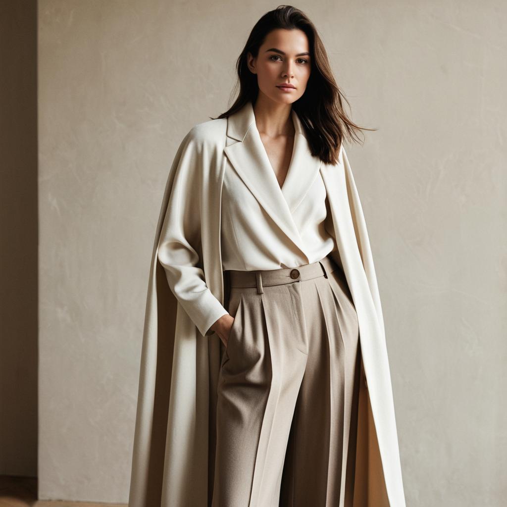 Elegant Woman in Beige Trousers and Long Coat Fashion Portrait