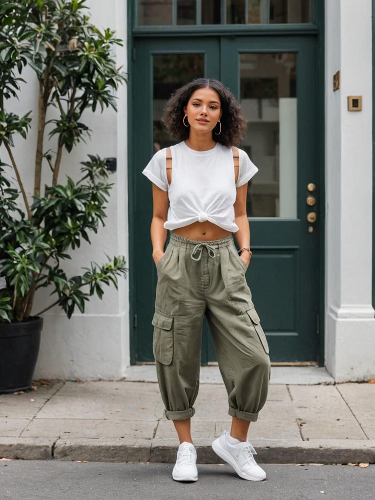 Casual Woman in Crop Top and Cargo Pants