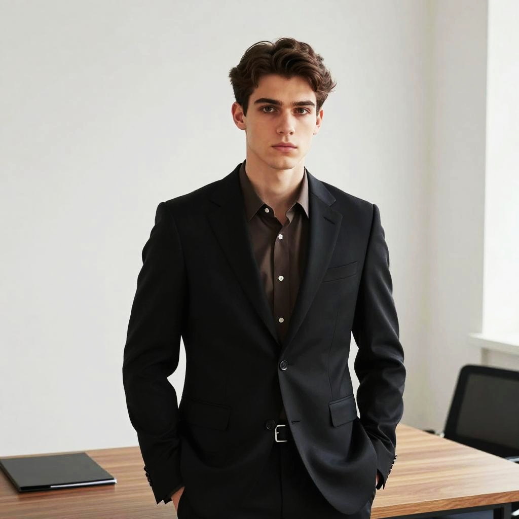 Young Man in Black Suit Standing Confidently in Modern Office