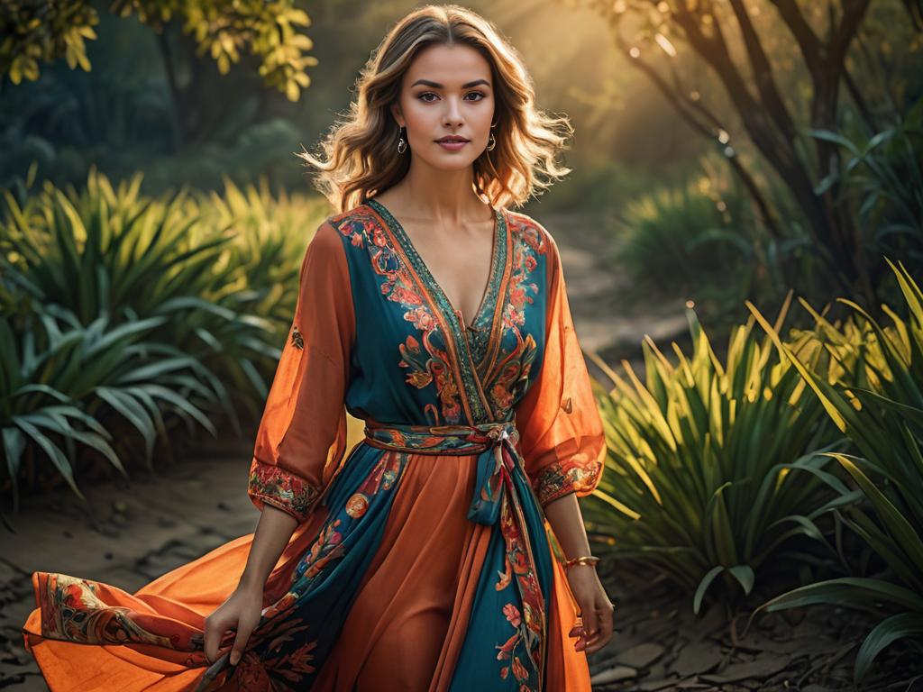 Woman in Multicolored Dress Strolling in Lush Garden