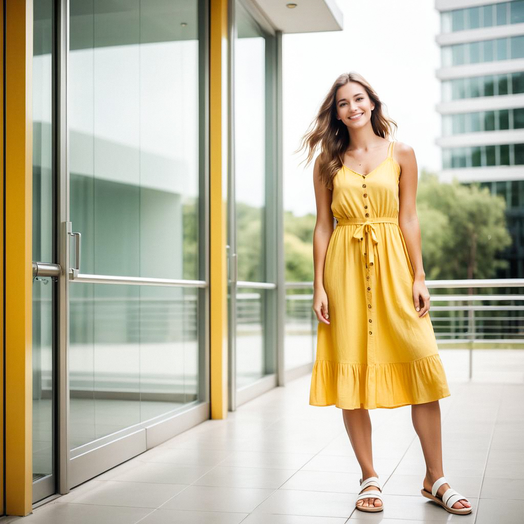 Confident Woman in Yellow Sundress on Modern Balcony
