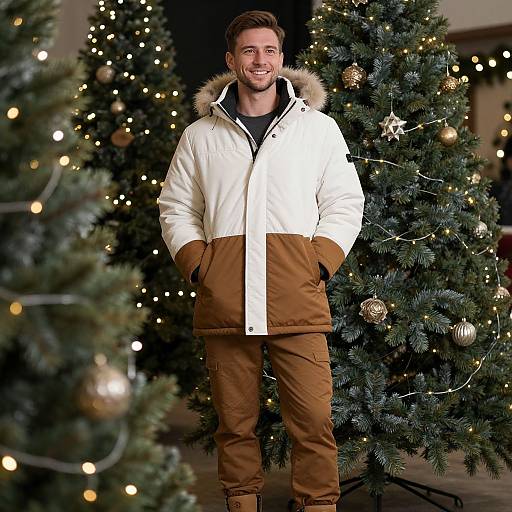 Man in Winter Coat Standing Among Christmas Trees with Holiday Decorations