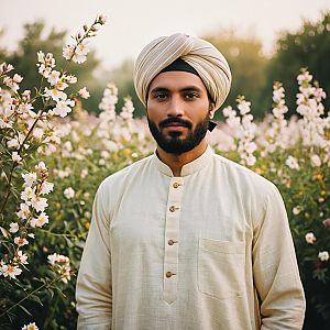 Man in Cream Traditional Outfit in Flower Field