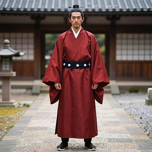 Man in Traditional Red Japanese Robe Standing in Courtyard