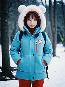 Woman in Blue Winter Coat with Fluffy Hood Inspired by Uraraka Winter Costume