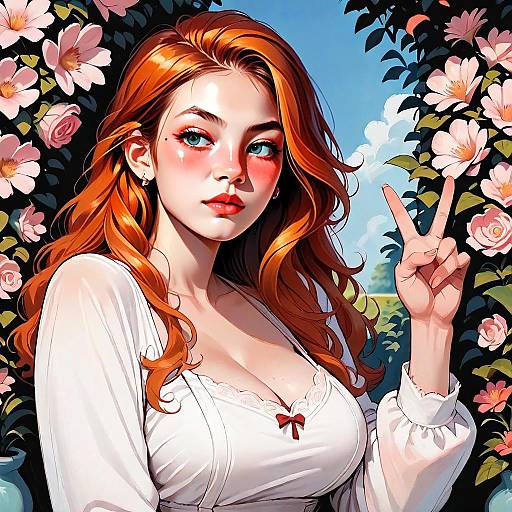 Red-Haired Woman Peace Sign Digital Illustration with Flowers