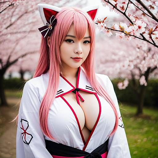 Sakura Miko Cosplay Woman with Pink Hair in Cherry Blossom Garden