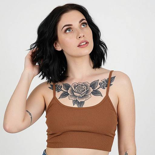 Portrait of Woman with Rose Chest Tattoo in Brown Crop Top