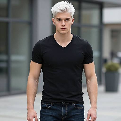 Young Man with Platinum Blonde Hair in Black V-Neck T-Shirt Urban Style