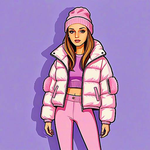Woman in Modern Winter Chic Pink Outfit Digital Illustration