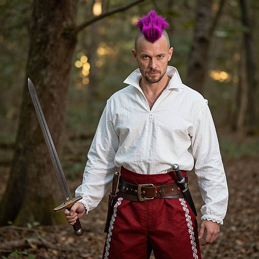 Man with Pink Mohawk Holding Sword in Medieval Fantasy Outfit