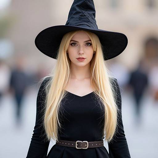 Young Blonde Woman Wearing Witch Hat and Black Dress