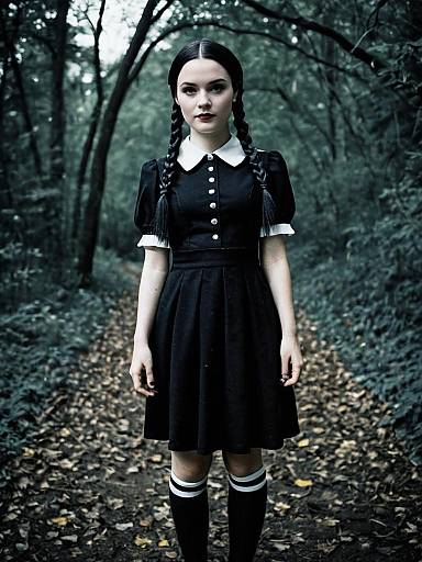 Woman in Wednesday Addams Costume Full Body Cosplay Photo with Black Dress and Braids