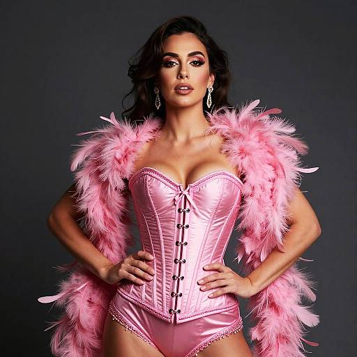 Glamorous Woman in Pink Satin Corset and Feather Boa Burlesque Style