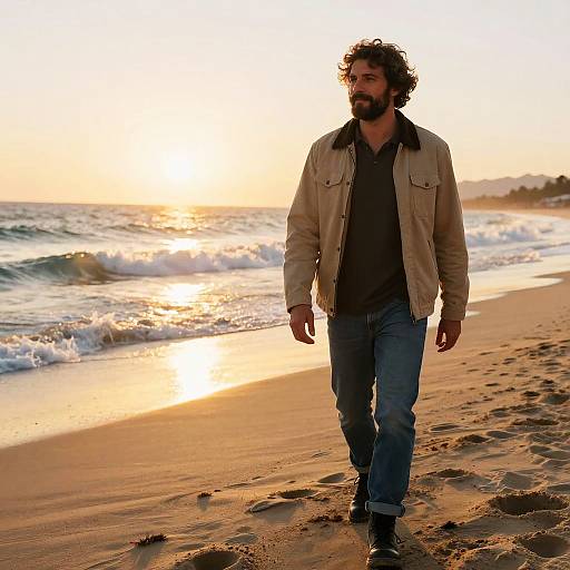 Man Walking on Beach at Sunset Casual Style