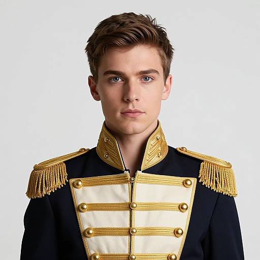 Portrait of Young Man in Navy Blue and Gold Military-Style Jacket
