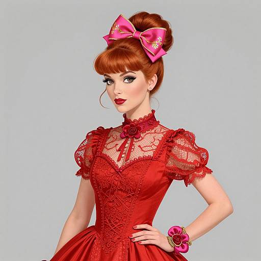 Vintage Red Lace Dress Woman with Pink Bow in Elegant Retro Style
