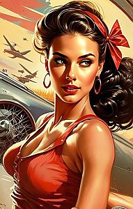 Confident Woman in Retro Style with Classic Car and Airplanes