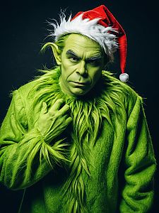 Realistic Grinch Costume Man in Santa Hat Professional Cosplay Photography