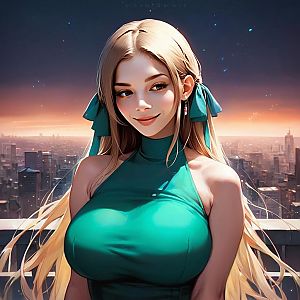 Anime-Style Woman with Blonde Hair and Teal Outfit Over Cityscape at Sunset